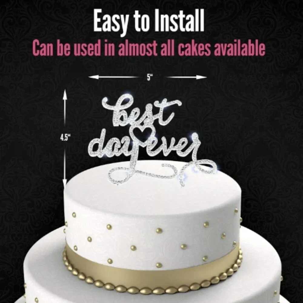 Silver Metal Best Day Ever Rhinestone Wedding Cake Topper Decoration